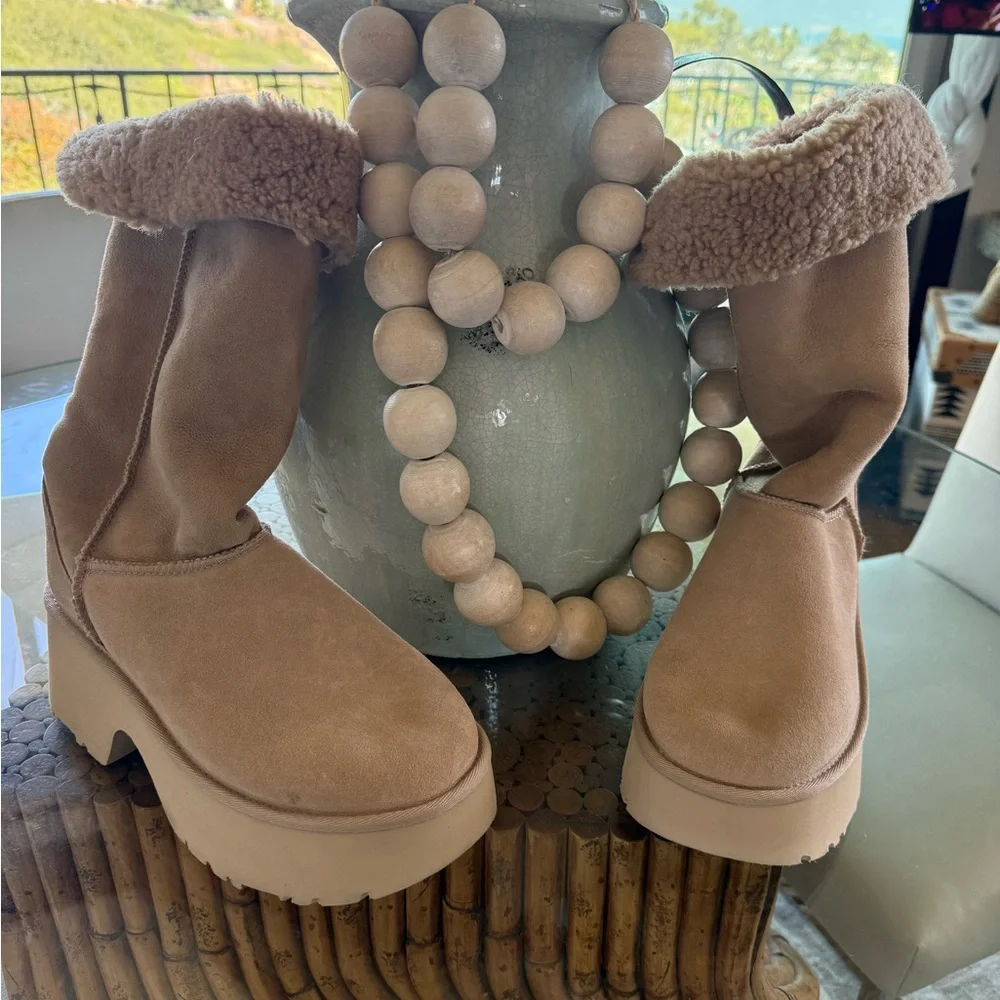 UGG tan Platform Shearling-Cuff tall Boots